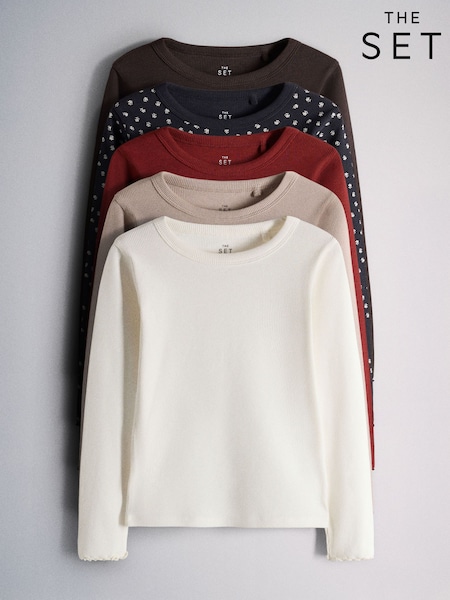 Navy Ditsy Print/Red/White/Chocolate Brown - The Set 5 Pack Rib Jersey T-shirts