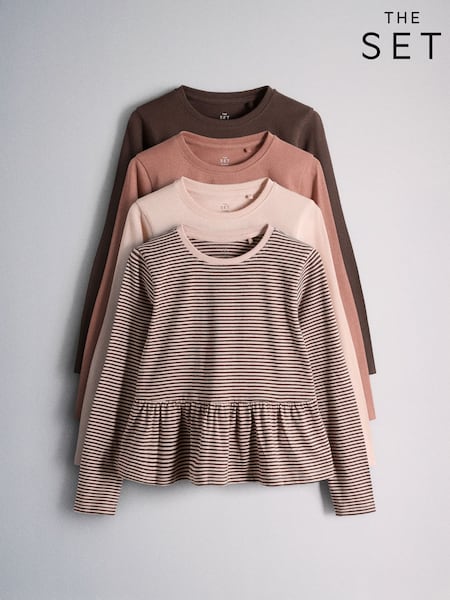 Light Brown/Cream/Pink/Chocolate Brown - The Set 4 Pack Long Sleeve Peplum Jersey T-shirts