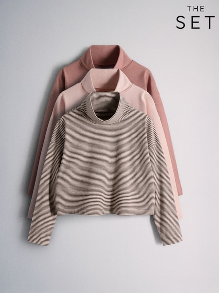 Pink/Stripe - The Set 3 Pack Roll Neck Long Sleeve Rib T-shirts