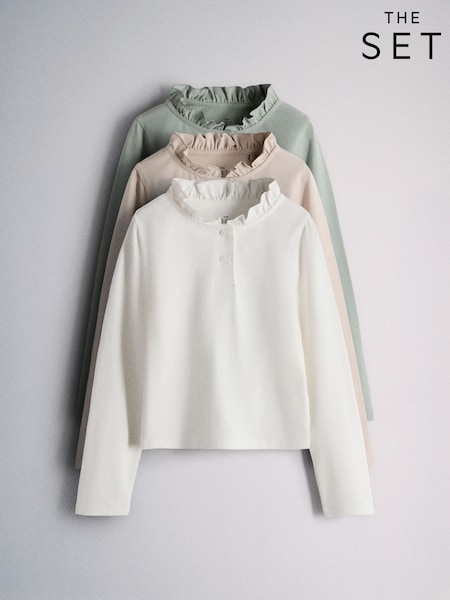 灰色／白色／粉紅色 - The Set 3 Pack Long Sleeve Brushed Jersey Frill Henley T-shirts