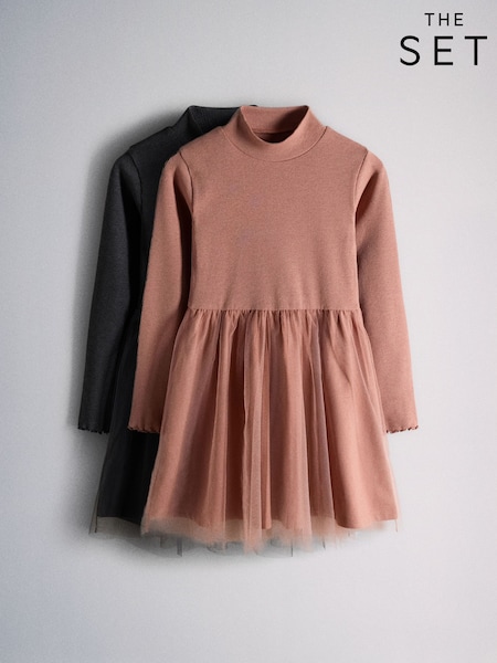 Pink/Charcoal Grey - The Set 2 Pack Long Sleeve Rib Dresses With Mesh Skirt