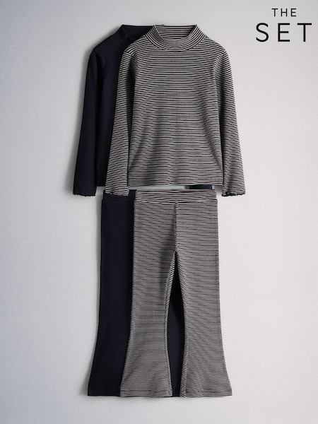 צבע אפור פחם פסים/נייבי כחול - The Set 2 Pack Long Sleeve Roll Neck Rib Top And Kickflare Leggings Set