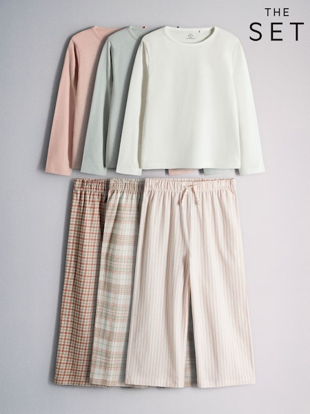 Pink/Green - The Set 3 Pack Long Sleeve Brushed Jersey T-shirts And Wide Leg Pyjamas Set