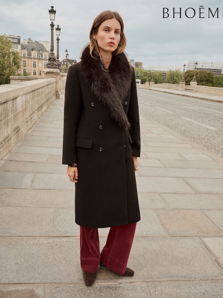 Schokoladenbraun - Double Breasted Masculine Tailored Wool Coat With Removable Fur