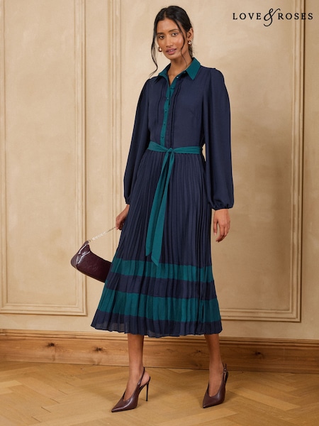 Navy - Love & Roses Colourblock Pleated Belted Midi Shirt Dress