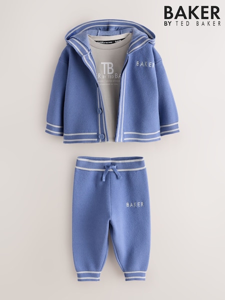 أزرق - Baker By Ted Baker 3 Piece Textured Knitted Zip Through Grey T-shirt And Joggers Set