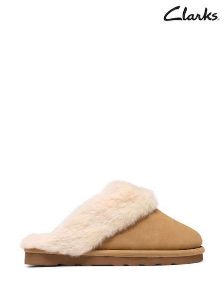 Brown - Clarks Cherie Mule Fur Trim Slippers
