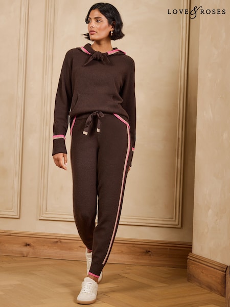 Chocolate Brown - Love & Roses Striped Detail Cosy Knitted Tie Front Joggers
