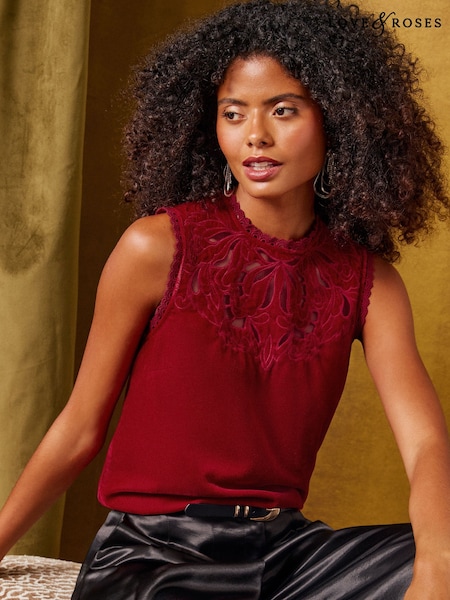 Red - Love & Roses Velvet Cutwork Shell Top
