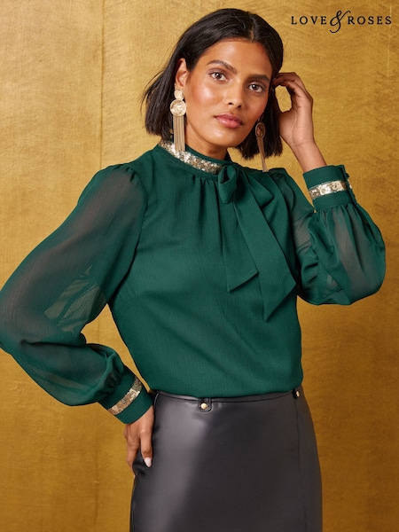 Green - Love & Roses Sequin Trim Long Sleeve Pussybow Blouse