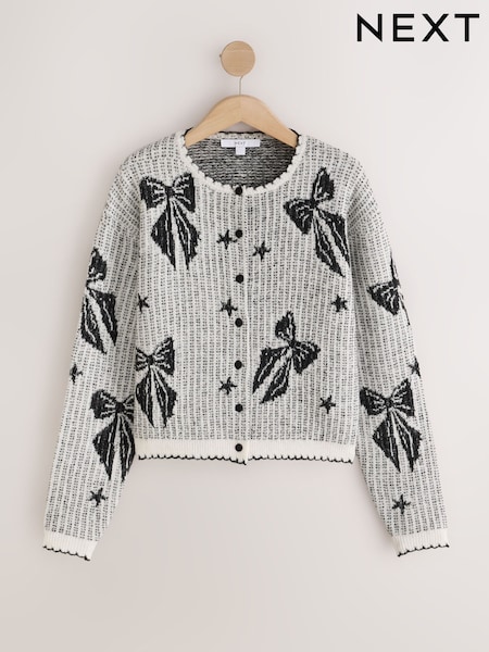 Noir/Ecru - Cardigan à manches longues en maille festonnée avec nœud