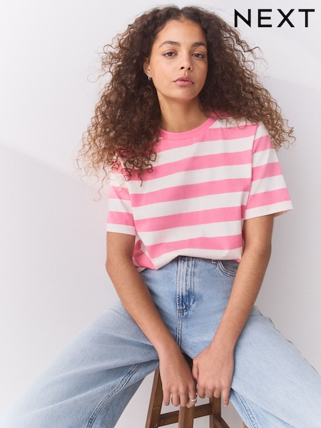 Pink Stripe - Cropped Heavyweight Short Sleeve Crew Neck T-shirt