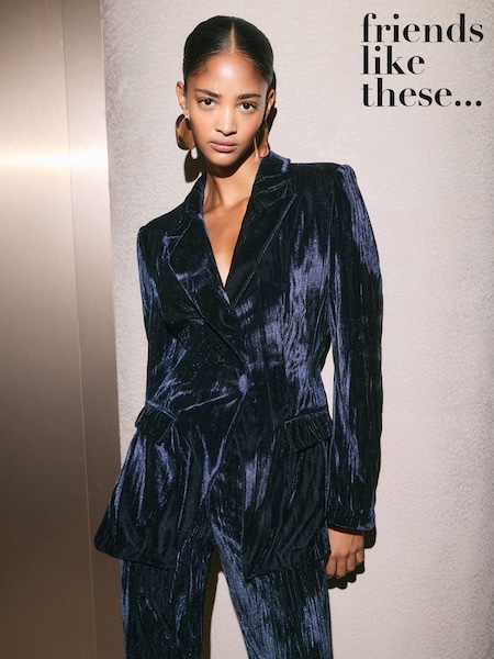 أزرق داكن - Friends Like These Crinkle Velvet Single Breasted Blazer