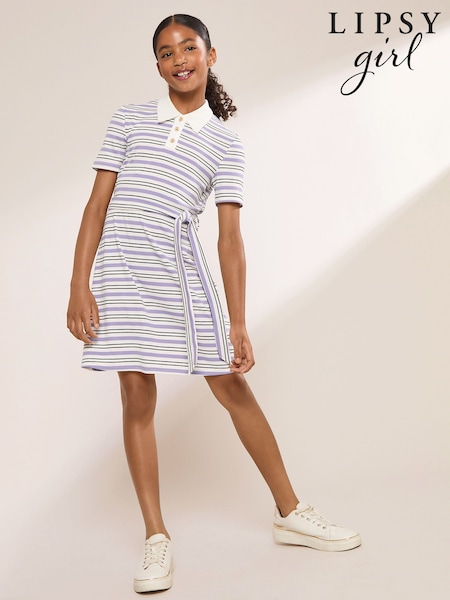White/Purple - Lipsy Stripe Jersey Collar Dress (5-16yrs)