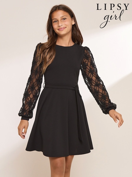 Black - Lipsy 3d Floral Sleeve Dress (5-16yrs)