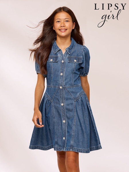 Blue - Lipsy Denim Collar Diamante Dress (5-16yrs)