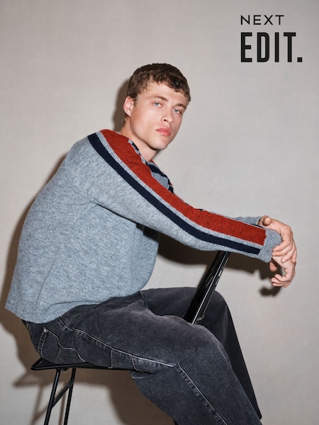 Grey - Regular Edit Relaxed Fit Overarm Stripe Crew Neck Jumper With Wool