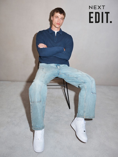 Navy - Regular Edit Heavyweight Boxy Fit Long Sleeve Polo Shirt