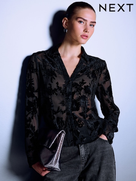 黑色 - Flocked Velvet Floral V-neck Long Sleeve Shirt