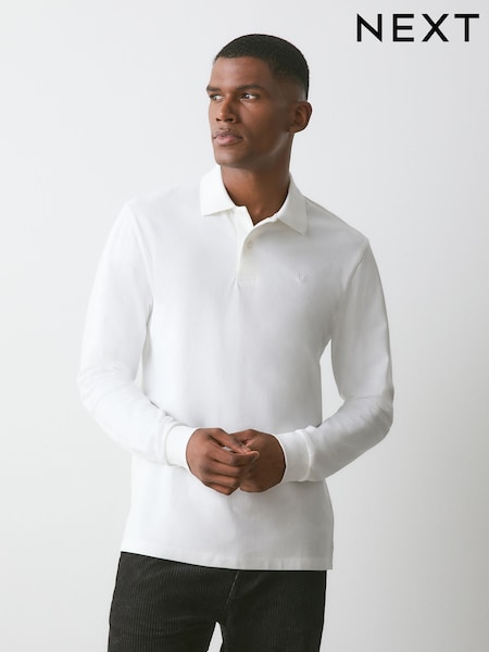 白色 - Regular Fit Long Sleeve Pique Polo Shirt