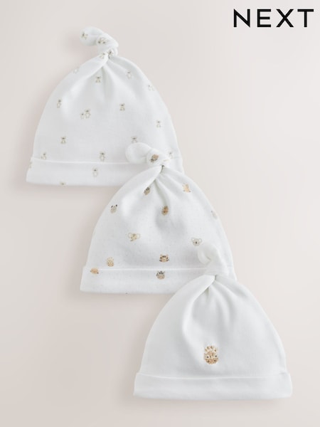 White Mini Safari Animals - Tie Top Baby Hats 3 Pack (0-12mths)