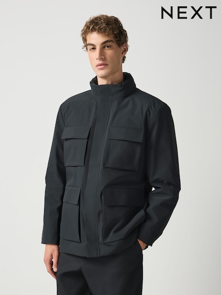 Black - Regular Showerproof Four Pocket Hooded Coat