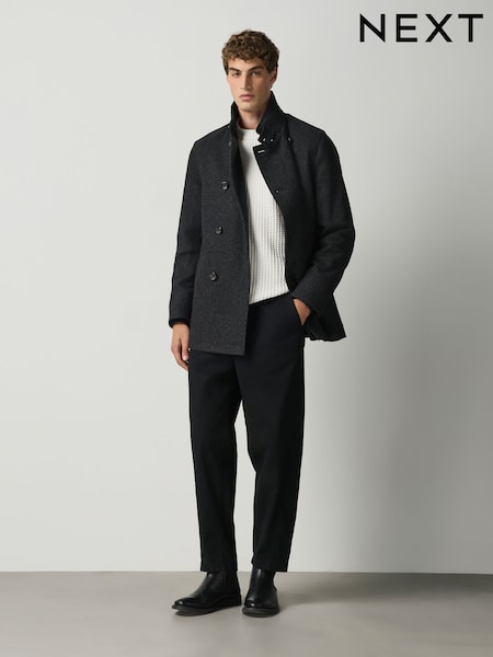 Grå - Regular Wool Blend Textured Funnel Neck Drummer Coat