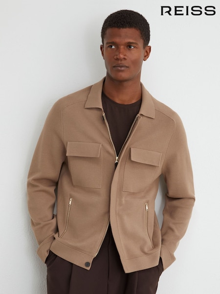 Camel Brown - Regular Reiss Fleetwood Twin-pocket Concealed-placket Knitted Jacket
