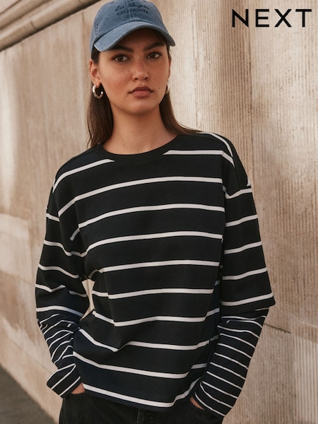 Black/White Stripe - Relaxed Fit Layered Long Sleeve T-shirt