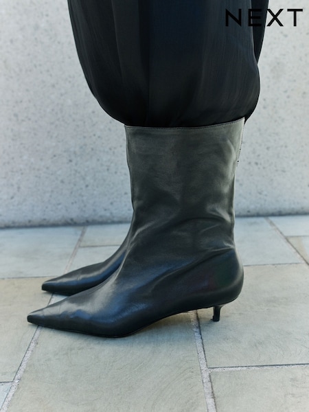 Black - N. Premium Kitten Heel Midi Leather Boots