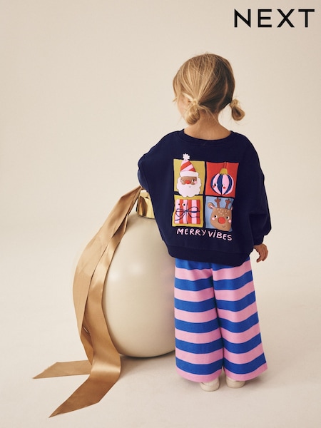 Navy/Purple Christmas Santa - Sweatshirt And Wide Leg Joggers Set (3mths-7yrs)