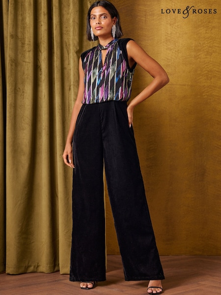 花彩色系 - Love & Roses Metallic Jacquard Tie Neck Velvet Sleeveless Jumpsuit