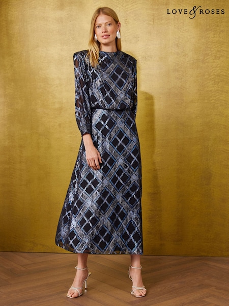 Blue Check - Love & Roses Metallic Strong Shoulder Midi Dress