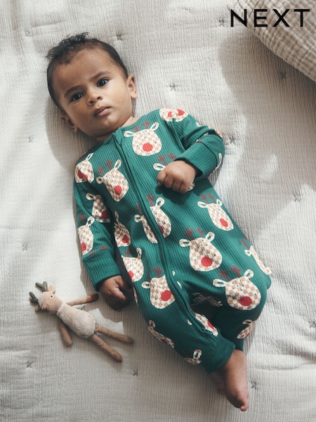 Green Reindeer - Christmas Two Way Zip Sleepsuit (0mths-3yrs)