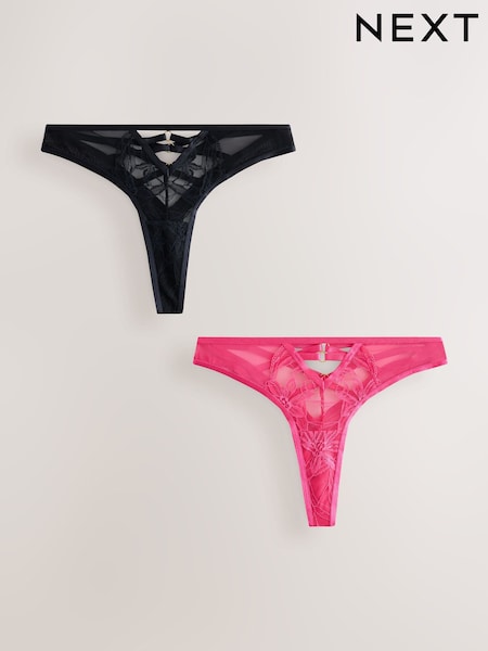Pink/Black - Lace Strappy Thongs 2 Pack
