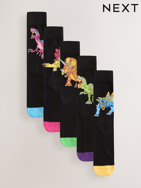 Black Bright Large Dinosaur - Regular Pattern Socks 5 Pack