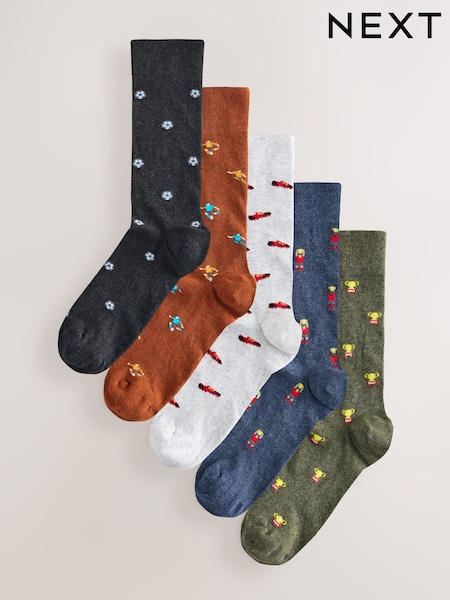Green/Blue/Red Football - Regular Pattern Socks 5 Pack