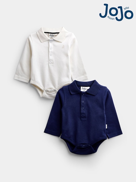 네이비 블루 & Cream - Jojo Maman Bébé 2-pack Plain Polo Bodysuits