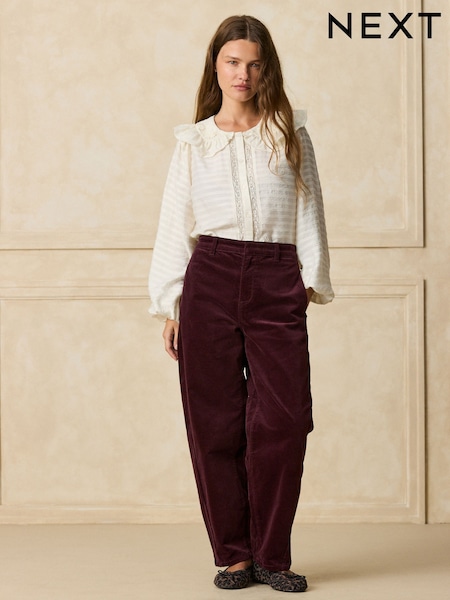Burgundy Red - Mid Rise Corduroy Barrel Jeans