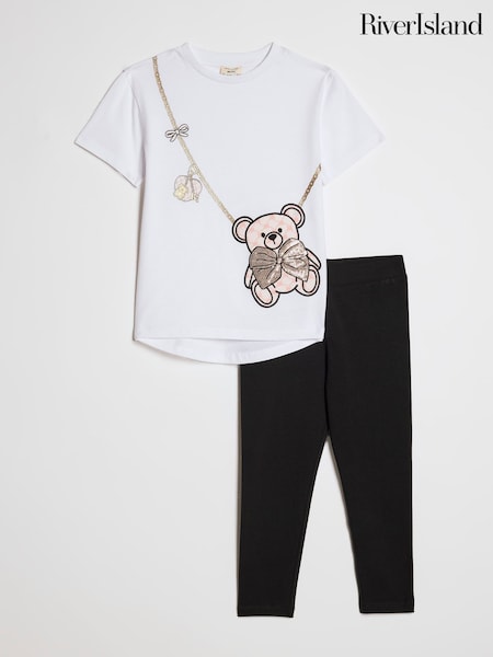 White - River Island Sequin Bear & Bag T-shirt & Leggings Set