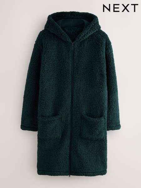 Green - Regular Zip Through Borg Dressing Gown