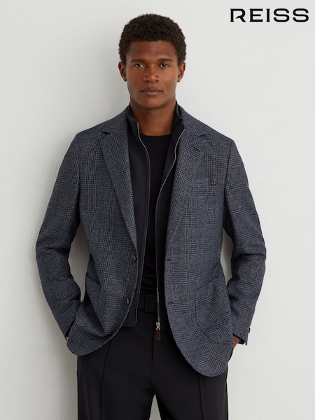 Navy - Regular Reiss Kyle Check Single-breasted Blazer With Gilet Insert Tailored-fit