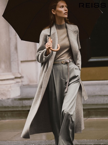 Svetlo siva - Reiss Daia Herringbone Double-breasted Blind-seam Coat Wool-blend