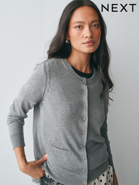 Grey - Soft Touch Cotton Rich Crew Neck Cardigan