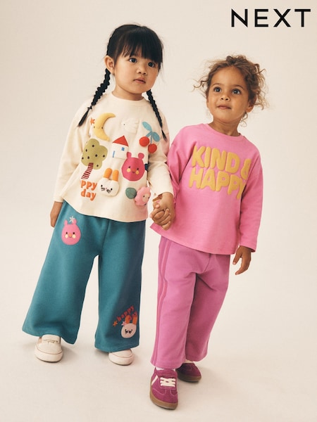 وردي وبيج فاتح بتصميم أرنب مبطن - Long Sleeve & Wide Leg Trousers Set 2 Pack (3mths-7yrs)