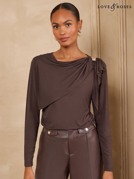 Chocolate Brown - Love & Roses Hardwear Cape Long Sleeve Jersey Top