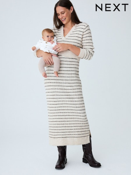Cream Stripe - Maternity & Nursing Collar Knit Midi Dress