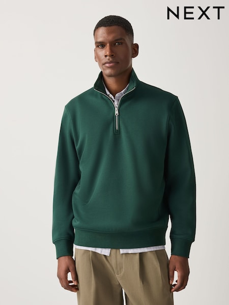 Dark Green - Regular Cotton Rich Jersey Quarter Zip Sweatshirt