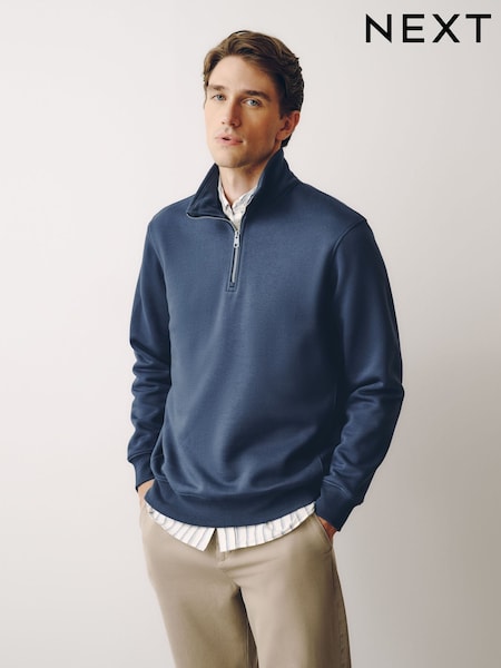Airforce Blue - Regular Cotton Rich Jersey Quarter Zip Sweatshirt