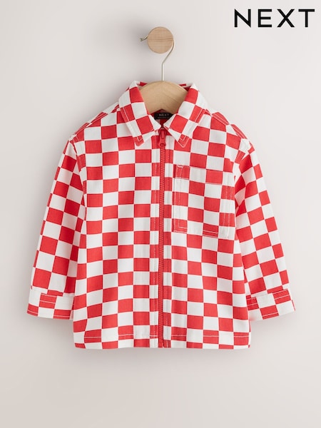 Red/Ecru Checkerboard - Long Sleeve Zip Up Overshirt (3buwan-7taon)
